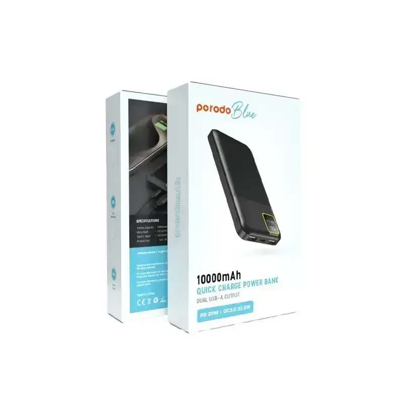 پاوربانک پرودو مدل Porodo Blue Quick Charge pb-22wPb10k با ظرفیت 10000 میلی‌آمپر ساعت