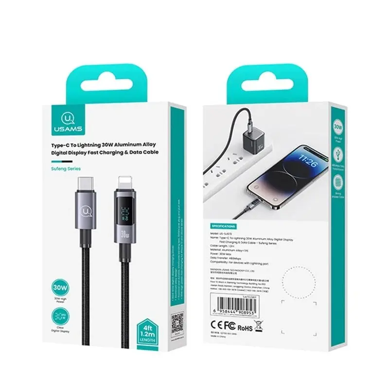 کابل شارژ USB-C to Lightning یوسمز مدل US-SJ672 با طول 1.2 متر توان 30 وات